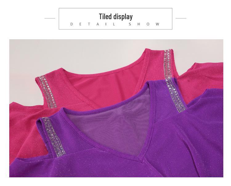 2024 Chic Off-Shoulder Diamond Accent Lotus Sleeve T-Shirt