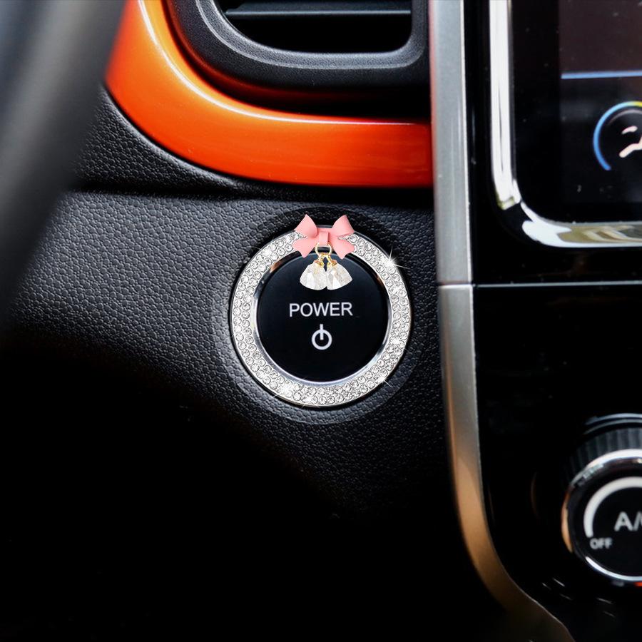 Crystal Bow Bell Engine Ignition Onekey Start Stop Push Button Switch Protective Cover Bling Girls Auto Accessories Car Decor