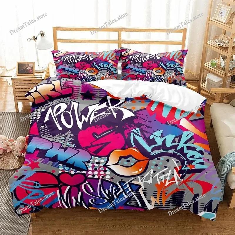 Graffiti Duvet Cover Set Cute Hip Hop Style Polyester Comforter Cover with Pillowcase Queen Full Size for Kid Teen Bedding Set