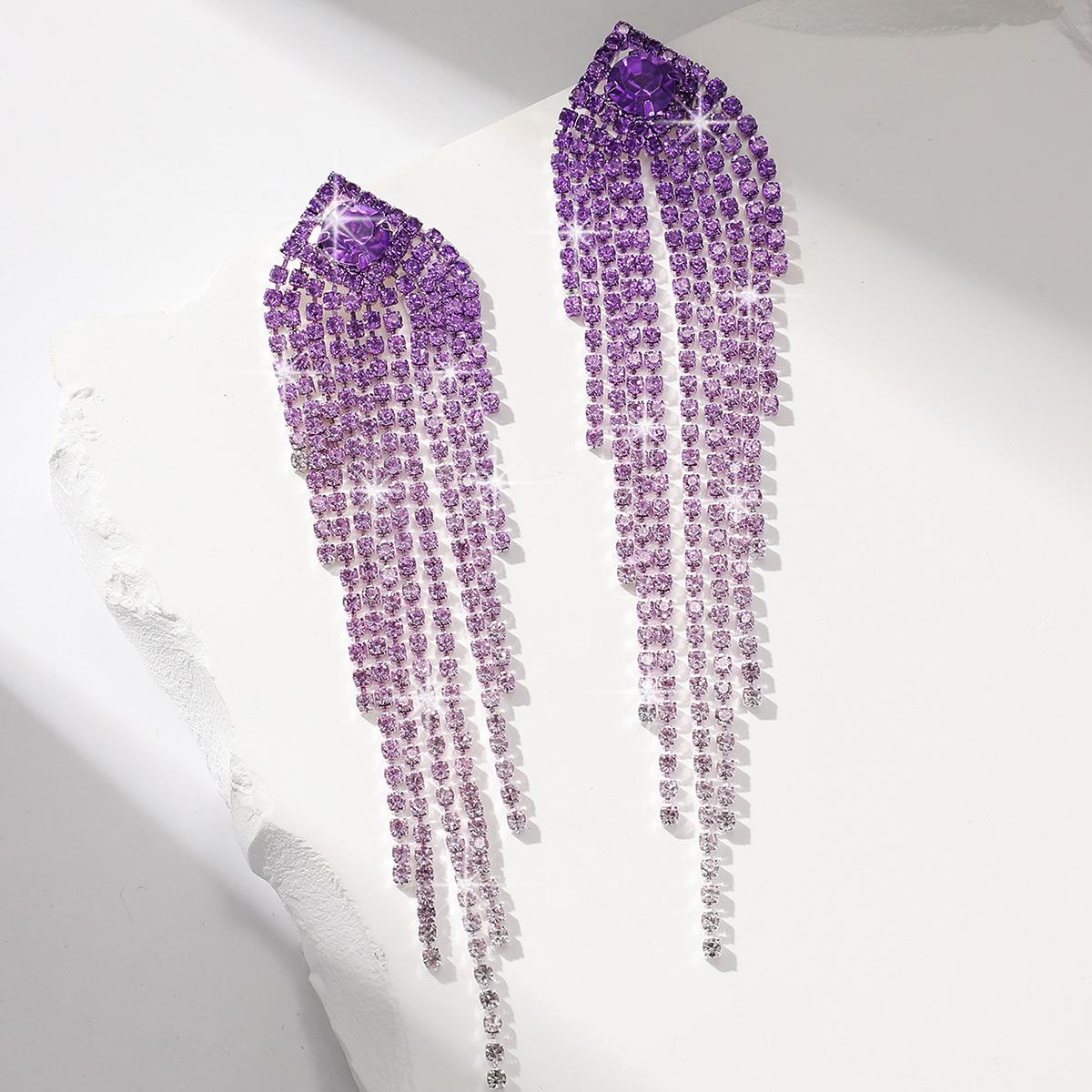 Temperament Gradual Change Color Tide Full Diamond Long Fringed Earrings Women, High Sense Stud Earrings Ear Jewelry Earrings