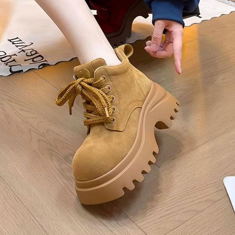 Retro Super Fire Thick-soled Heightening Martin Boots Women's Autumn New Rhubarb Boots British Versatile Short Boots