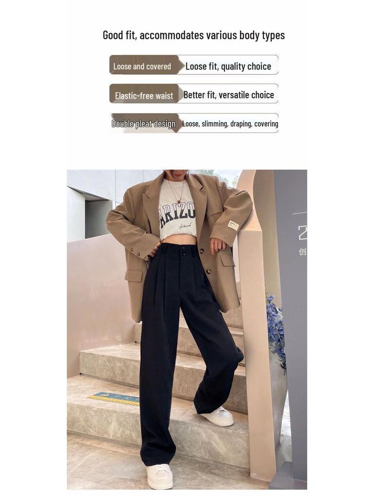 Versatile Gray High-Waist Loose Wide-Leg Suit Pants