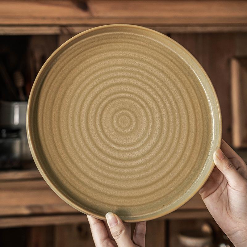 Large Plate Japanese Threaded Plate Steak Plate Retro Style Ceramic Plate Household Tableware Vegetable Plate Round Plate Dinner Plate