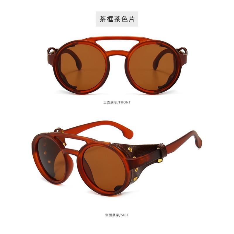 Steampunk Shields Solglasögon Män Kvinnor Klassiska Solglasögon med Sida Läder Runda Glasögon Punk UV400 Lins