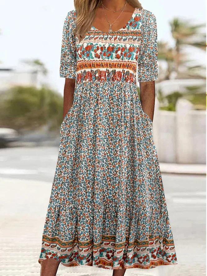 2024 Summer Bohemian Print Women's Maxi Dress with Round Neck and Short Sleeves