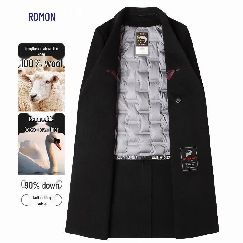ROMON Men's 100% Wool Double-faced Overcoat with Goose Down Liner