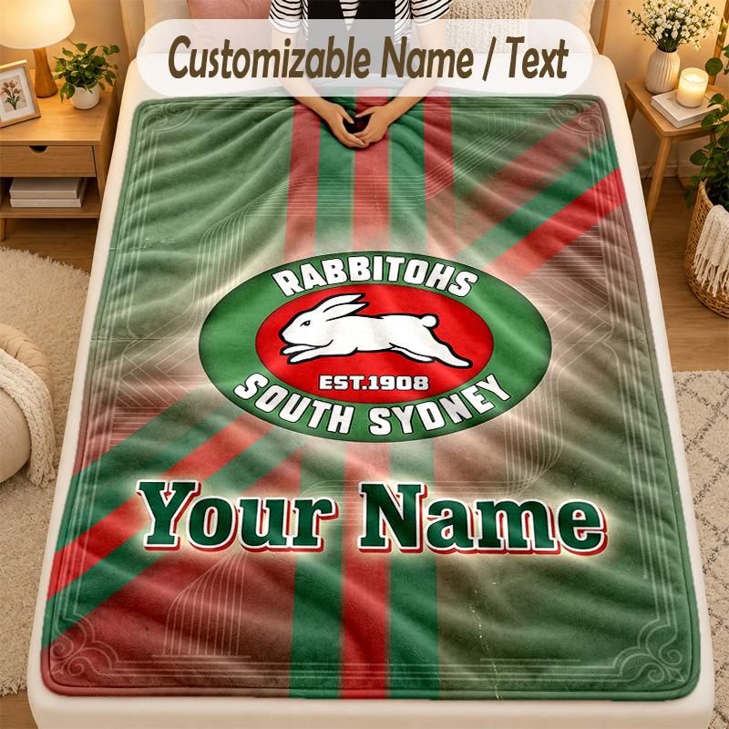 Flannel BlanketSouth Sydney Rabbitohs Custom Name Text Personalized Soft Warm Throw Blanket Home Decor Gift