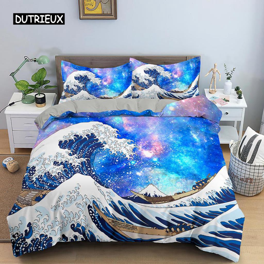 Wave Duvet Cover Set for Kids Teens Adult King Size Abstract Blue Ocean Comforter Cover Waves Sailing Moon Polyester Bedding Set