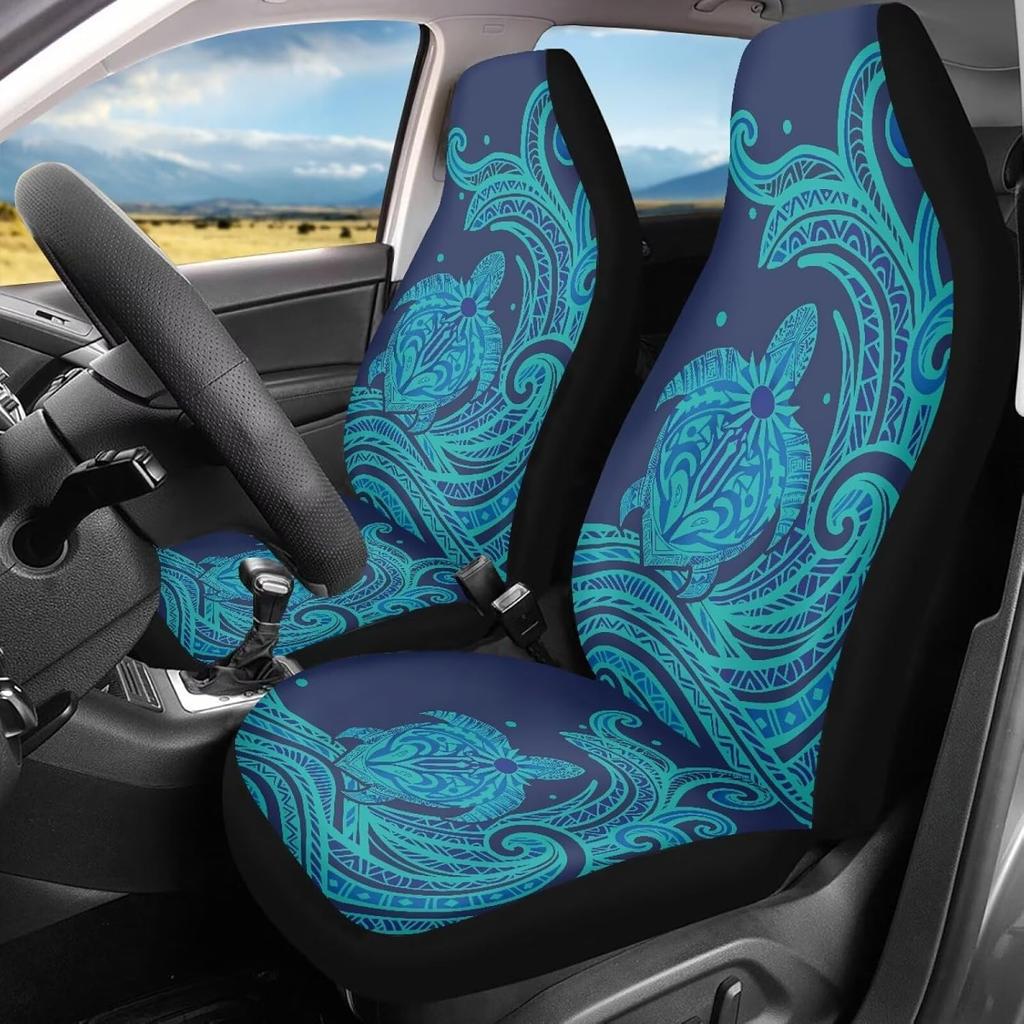 Bulopur Multicolor Polyester Universal Fit Car Truck SUV Van Automotive Seat Covers, 2pcs Front, Hibiscus Floral & Sea Turtle Print