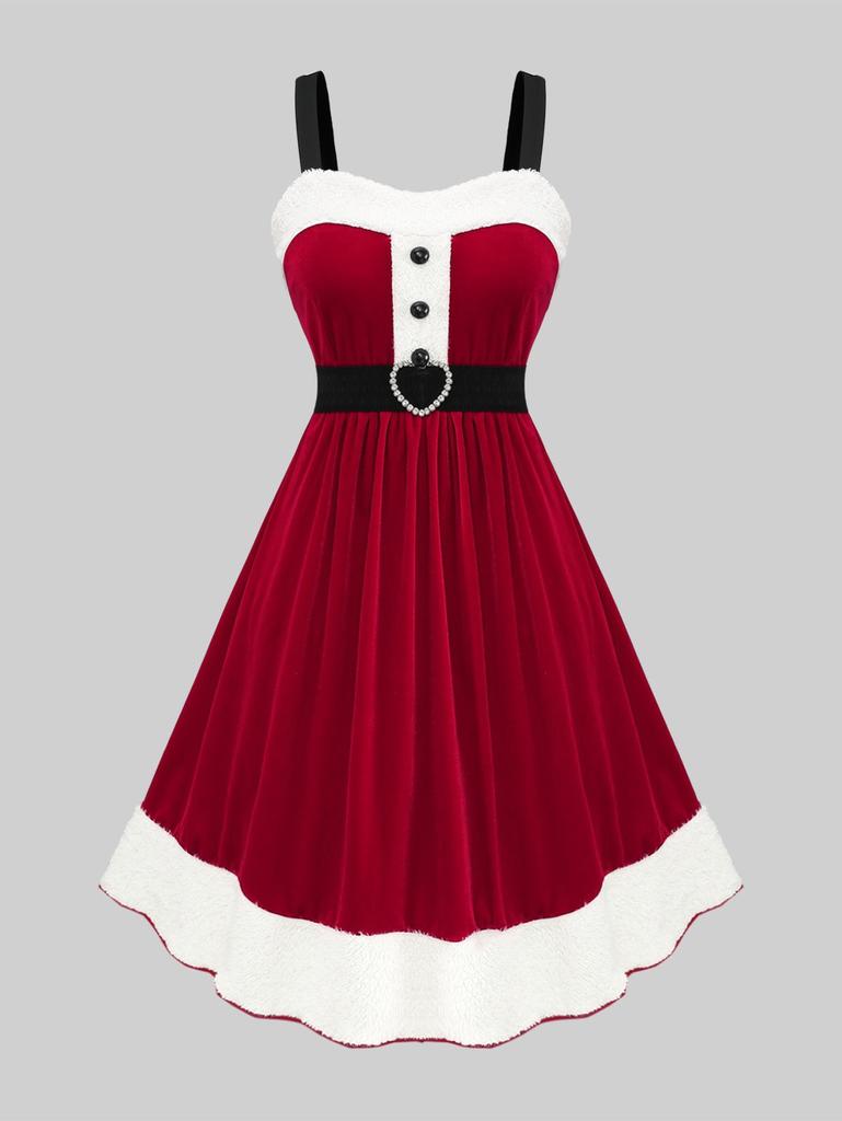 Rosegal Plus Size Contrast Binding Fluffy Fur Trim Mock Buttons Heart Buckle Belt A Line Velvet Christmas Tank Dress