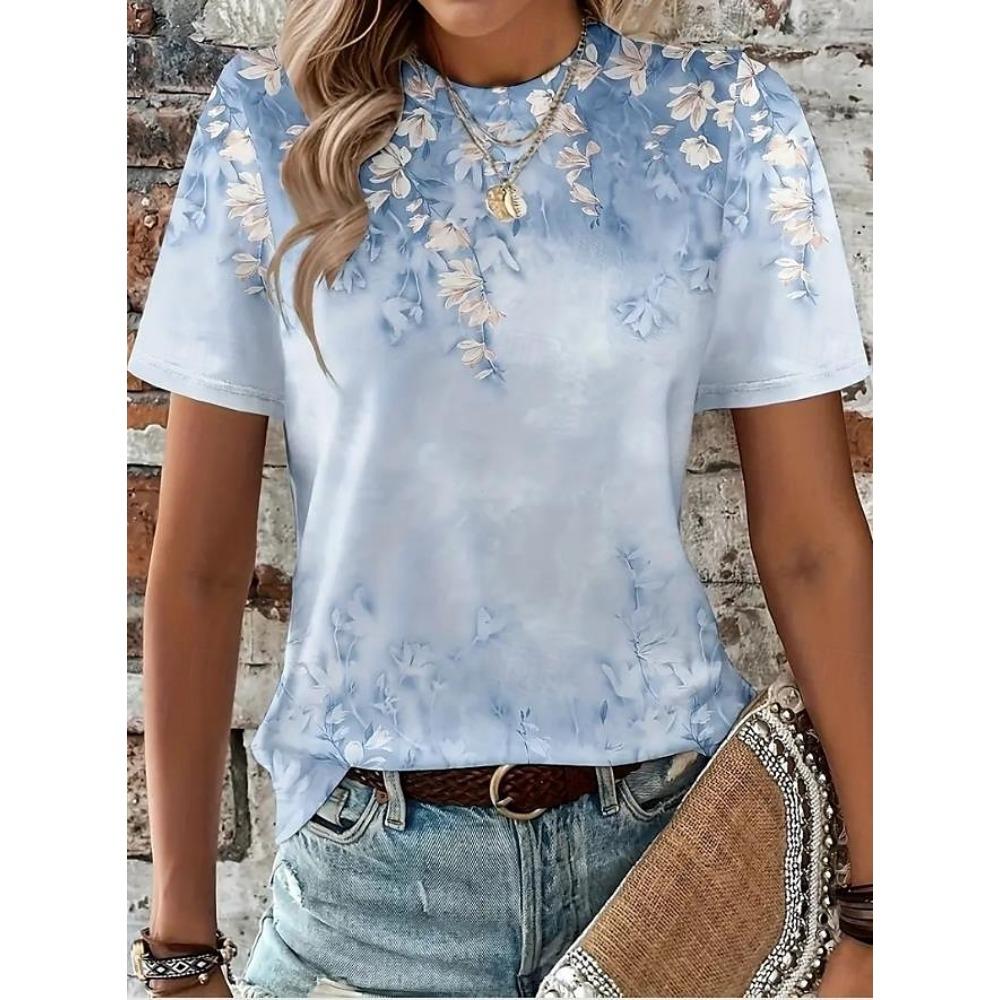 Women's T Shirt Casual Print Short Sleeve Regular Tops Daily Black Pink Blue Sky Blue Summer