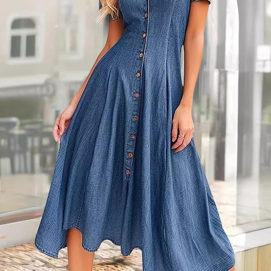 2024 European & American Casual V-Neck Short Sleeve Denim Dress