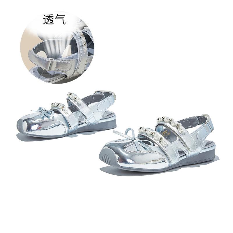 Leather Bag Head Sandals Women's 2025 Summer New Square Head Velcro Bow Mary Jane Shoes Rear Air German Training Shoes