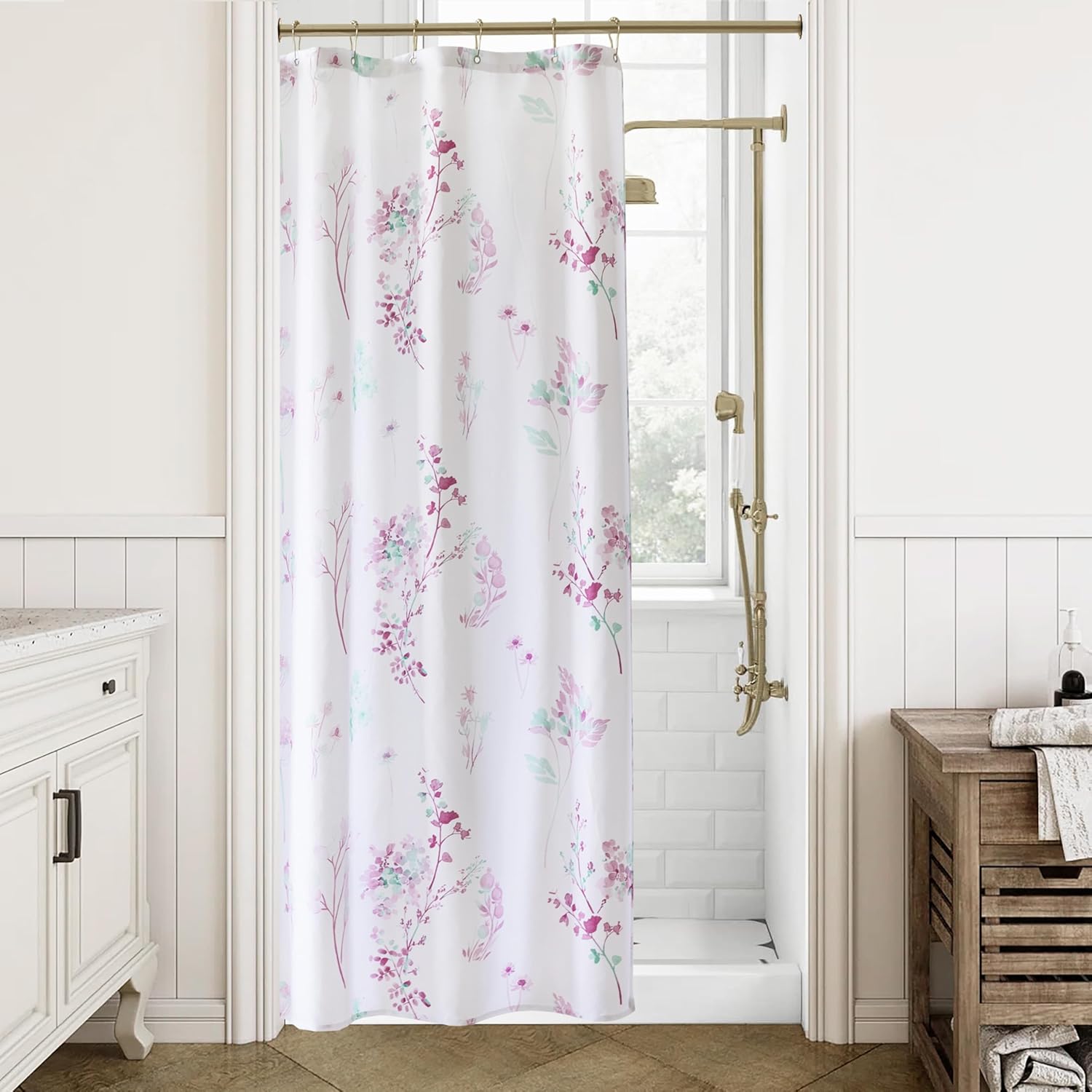 

Green Boho Watercolor Floral Shower Curtain,Eucalyptus Botanical Fabric Shower Curtains For Bathroom,Light Green White Plant W60H190(CM)-1 Pcs