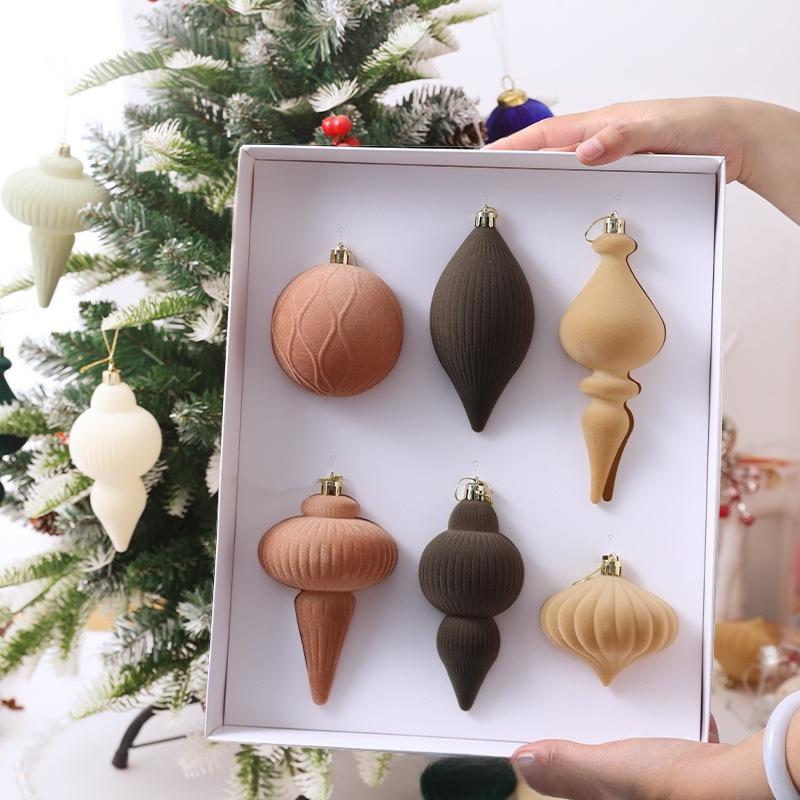 Special Shape Christmas Balls 6PCS Flocking Mocha Xmas Decorative Hanging Ornaments Party Christmas Spheres Pendant Set