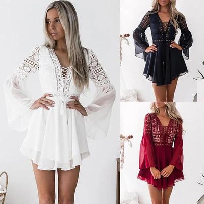 Hollow Out Chiffon Dress Women Dress Cross Bandage Lace V-Neck Long Sleeve Dress