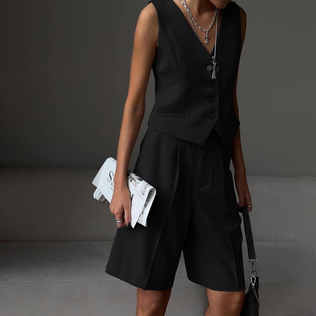 Conjunto Feminino de Duas Peças: Colete, Camisa Sem Mangas, Shorts de Cintura Alta com Cordão, Tamanho Grande, Conjuntos de Moda