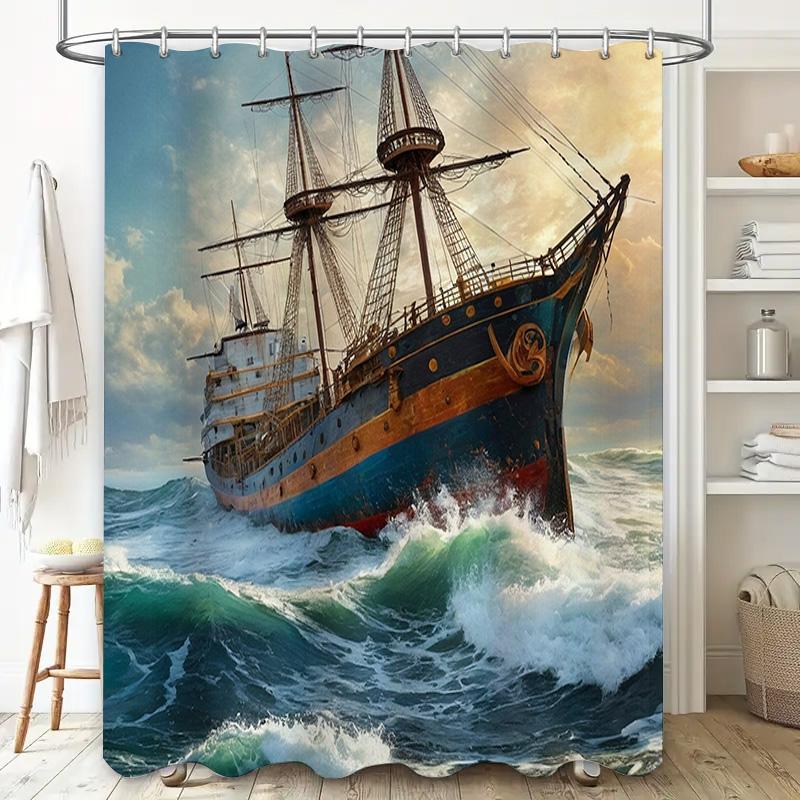 3D Printed Shower Curtain with Ship Artwork Perfect for Bathrooms