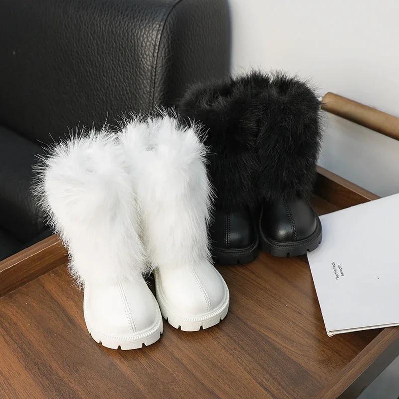 Winter Mädchen Schneestiefel Weich Pelzig Haarig Kinderstiefel Schwarz Weiß Vielseitig Kinder Freizeit Lange Stiefel Warm Plüsch Reißverschluss