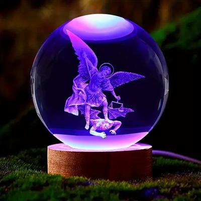 1 Stück, Erzengel Michael Schutzengel 3D-Statue mit Dämonentöter Kristallkugel Nachtlicht für religiöse Liebhaber