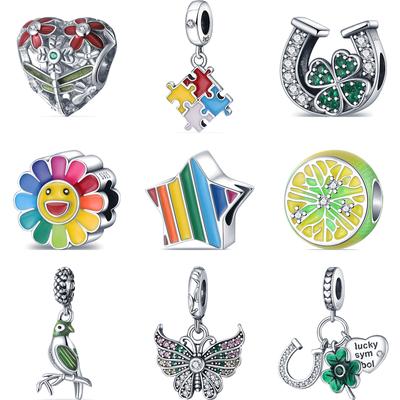 S925 Prata Esterlina Verde Trevo de Quatro Folhas Colorido Quebra-cabeça Girassol Borboleta Contas Fit Original Charm Pulseira Jóias