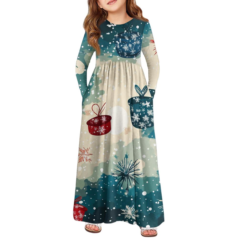 Girls' Maxi Dress - Long Sleeve Pocket Dress Christmas Day