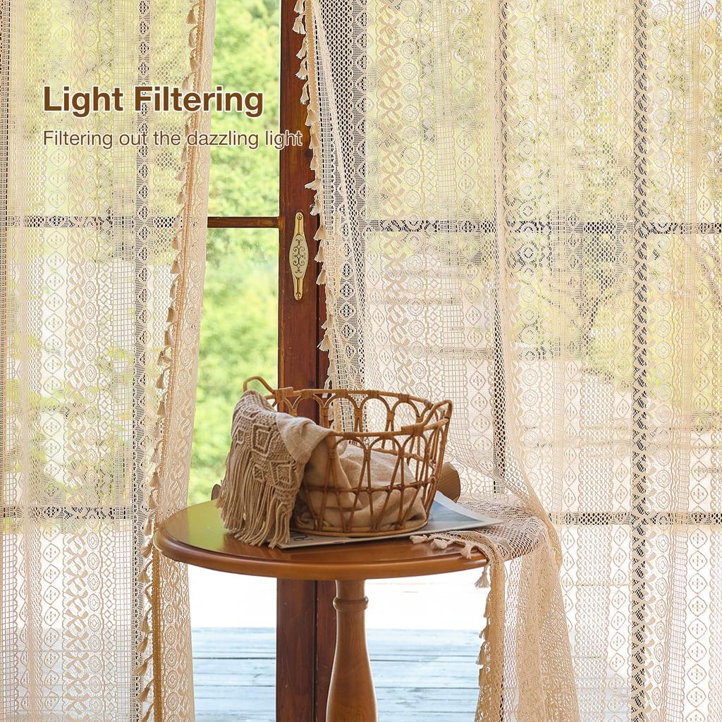 Boho Crochet Curtain, Sheer Lace Handmade Tassels Knitted Window Treatment Vintage Rustic Bohemian Farmhouse Drape for Bedroom
