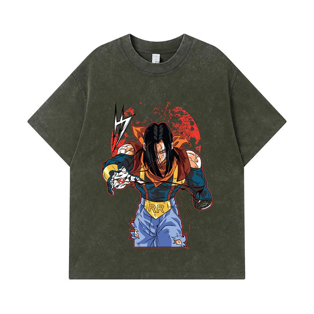 

275 GSM Washed T-shirts 100% Cotton Dragon Ball V48 Android 17 Print Unisex Heavy Cotton T Shirt S армия зеленый