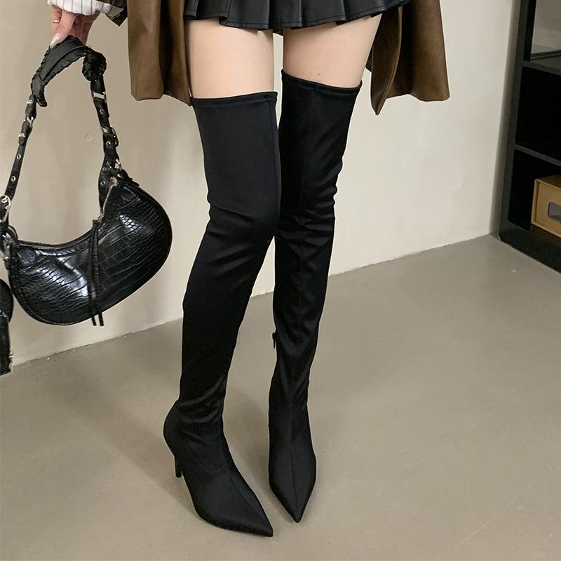 Mi Ting European and American knee boots autumn and winter 2025 black pointed head tall tube big long legs high heels elastic thin boots
