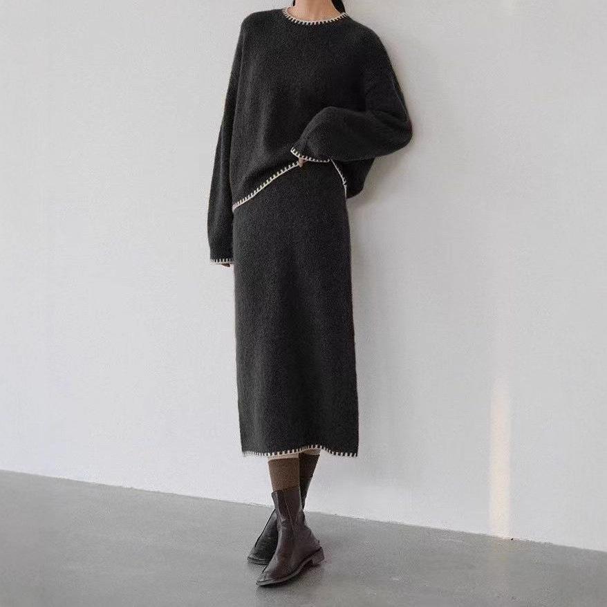 Europäisches und amerikanisches weich-wachsiges Herbst- und Winter-Strickanzug-Set für Damen, Rundhalsausschnitt, neuer weich-wachsiger lockerer Pullover + Rock Zweiteiler