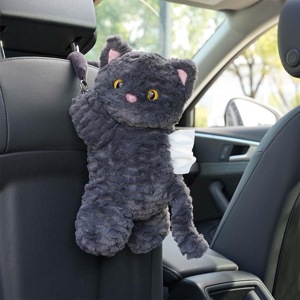 

Cute Cat Car Tissue Holder Plush Kitten Paper Box for Backseat Adorable Hanging Organizer & Decor for Women Pet Lovers & Gifts (Black) чёрный