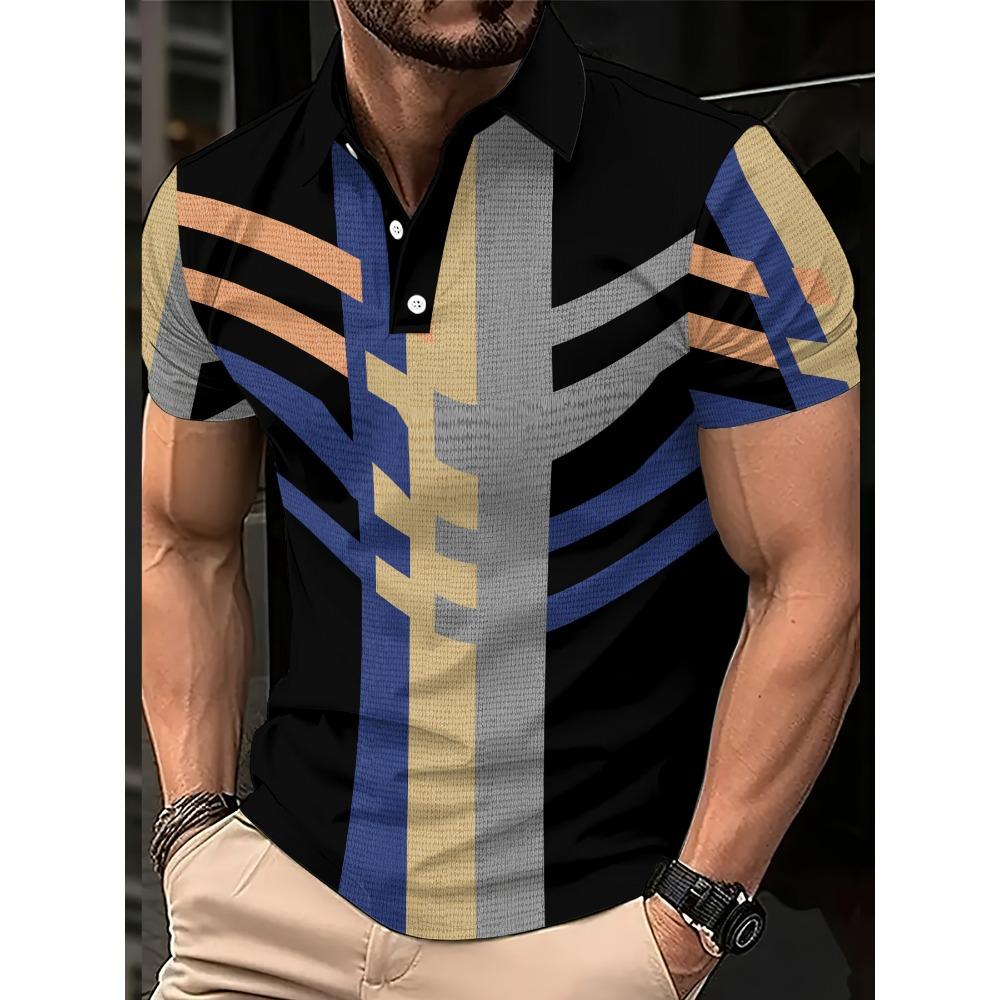 Summer men s short sleeved polo shirt 3D striped pattern print S