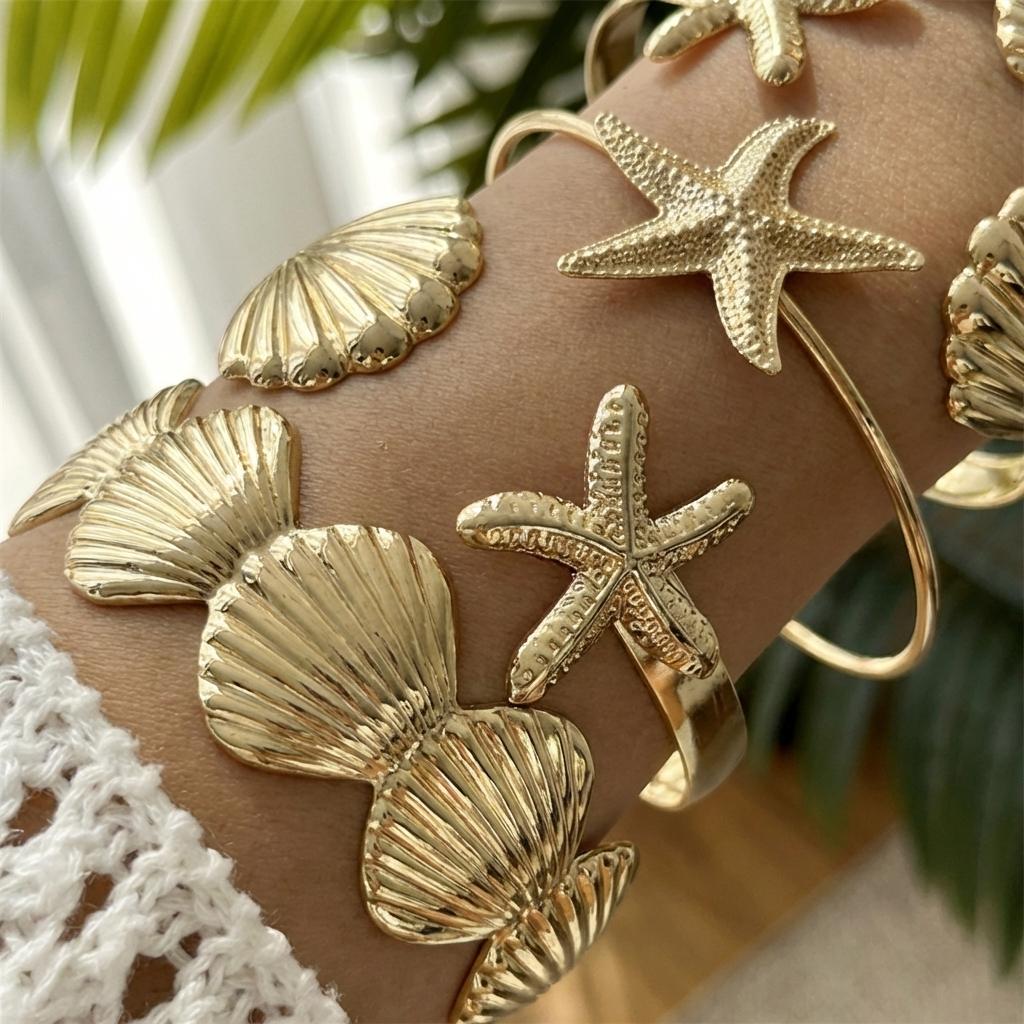 5 Pcs/Set Summer Gold Color Adjustable Open Bangles for Women Classic Shell Starfish Cuff Bracelet Girls Beach Party Jewelry