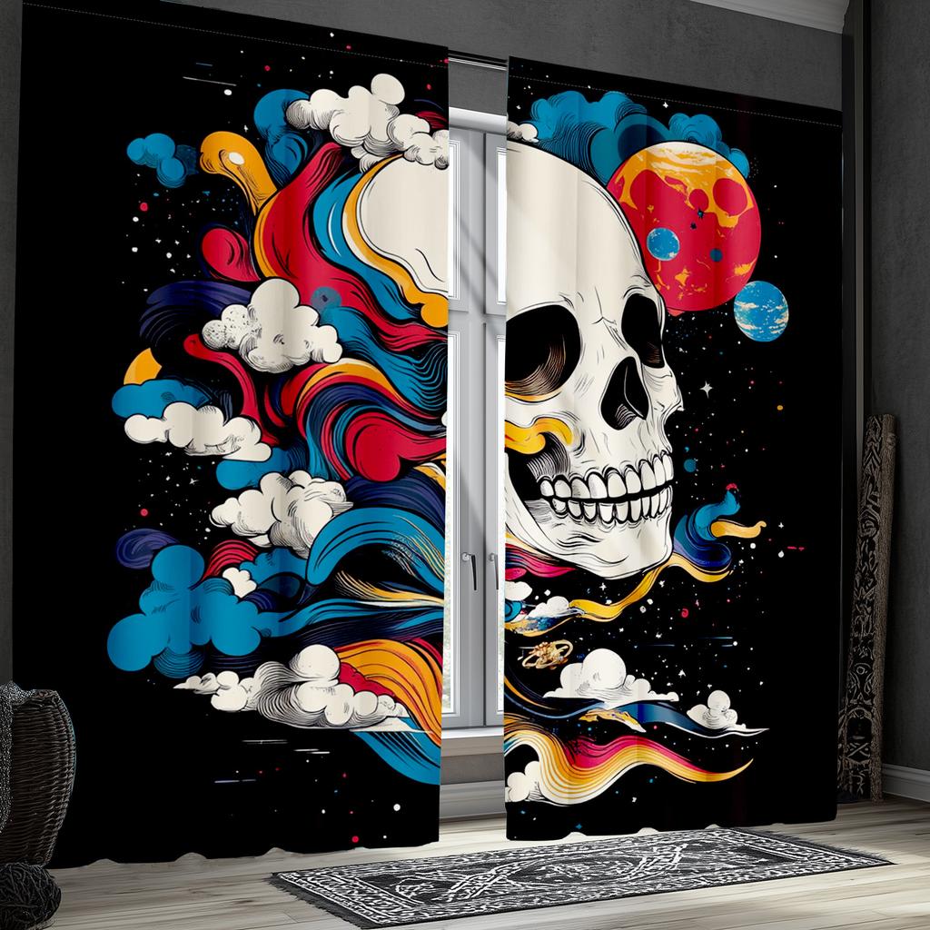 2pcs Classic Skull and Skeleton Polyester Curtains   Black and Red Ribbon Drapes for Living Room and Bedroom Decor