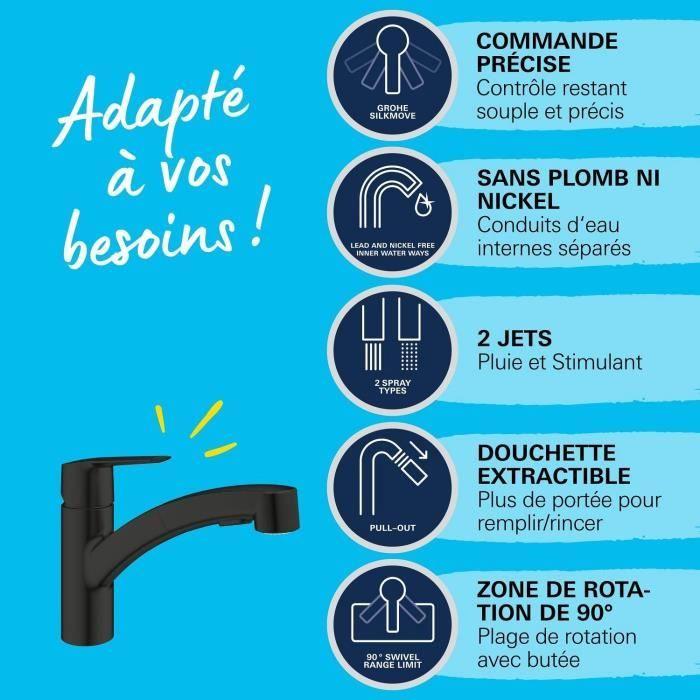 Mitigeur de cuisine - grohe - start - noir mat - mousseur extractible - inverseur 2 jets