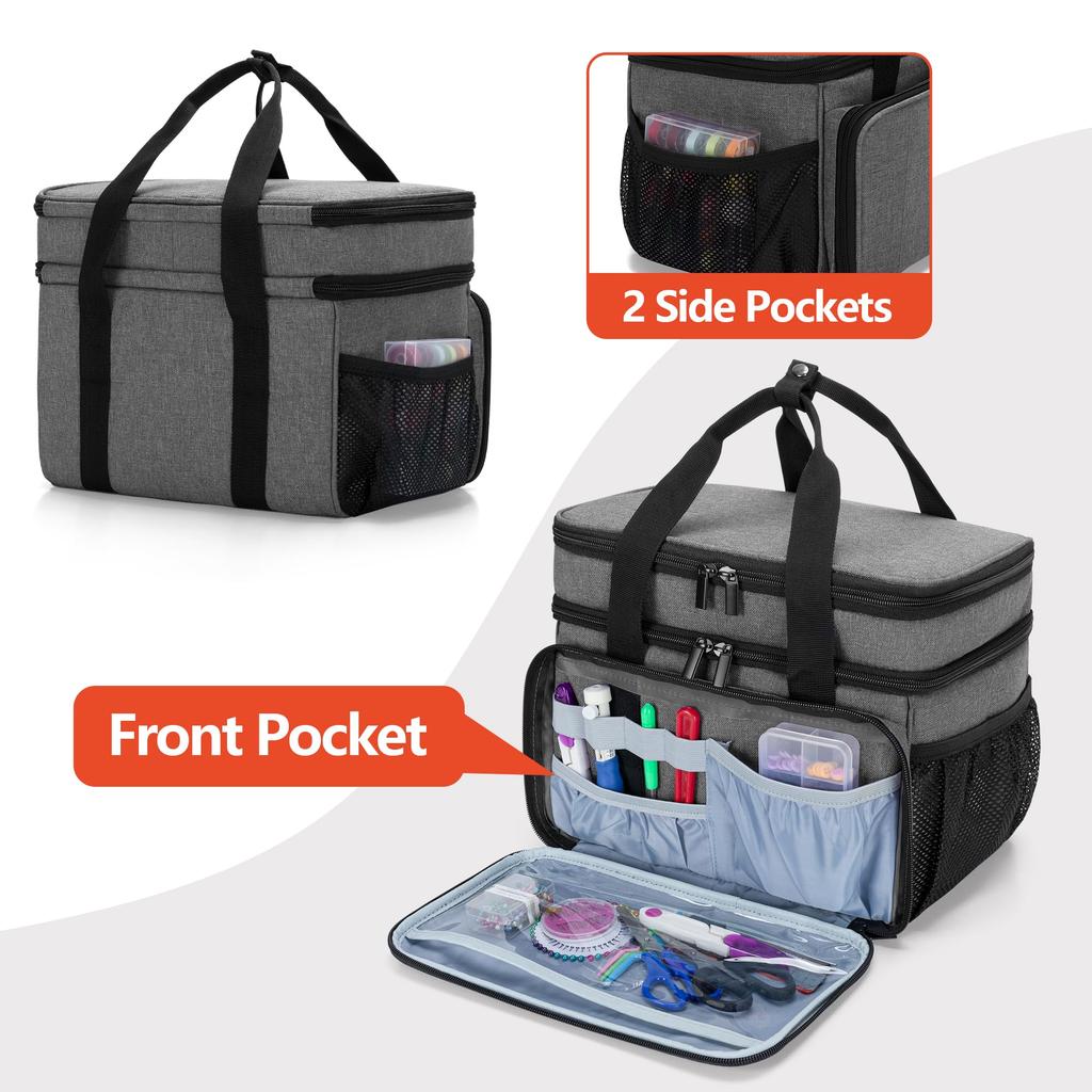 Luxja Sewing Box, Large Capacity Sewing Bag, Two-Tier Storage, Multi-Pocket, Sewing Tool Storage, Portable Sewing Bag, Bag Only, Gray