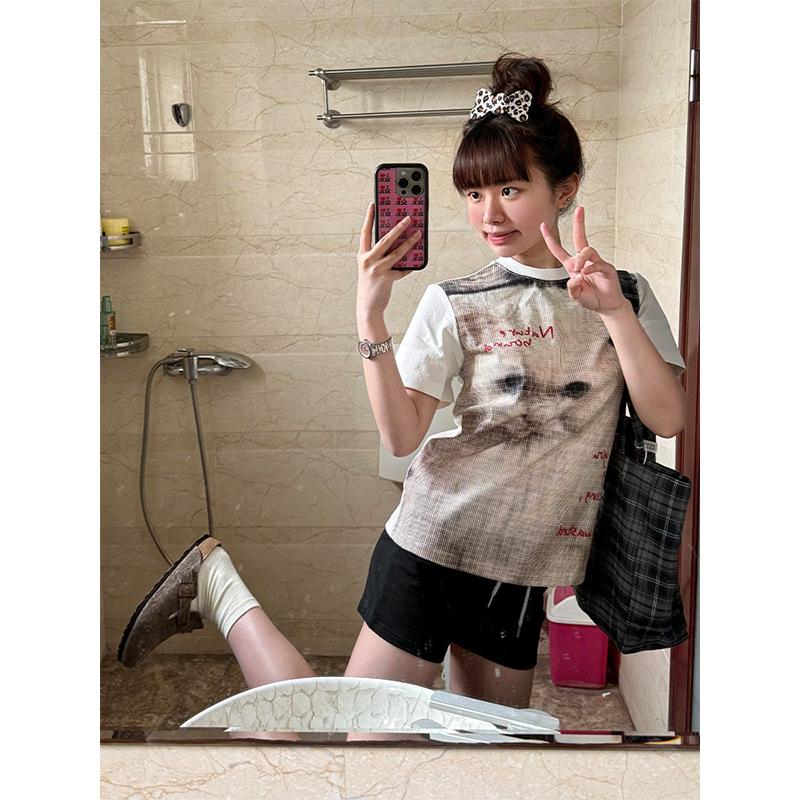 

American Cartoon Kitten Print Casual Crew Neck Short Sleeve Women s Slimming Summer T-shirt Small