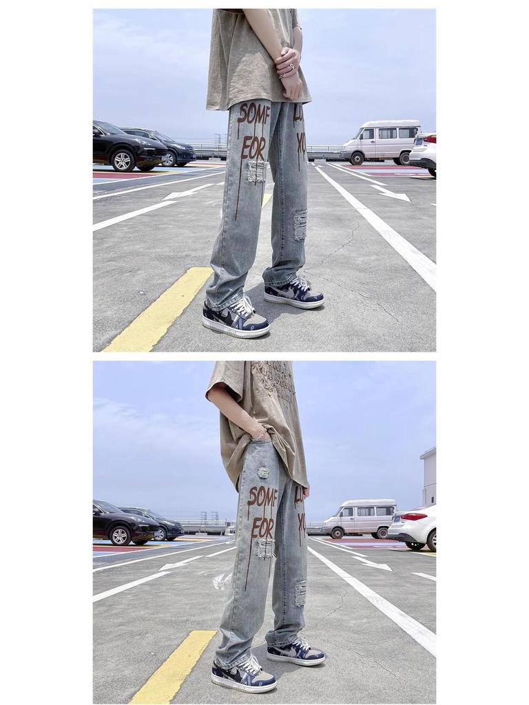 Men's Summer Ripped Ink-Print Harajuku Jeans - Straight Leg Trendy Pants