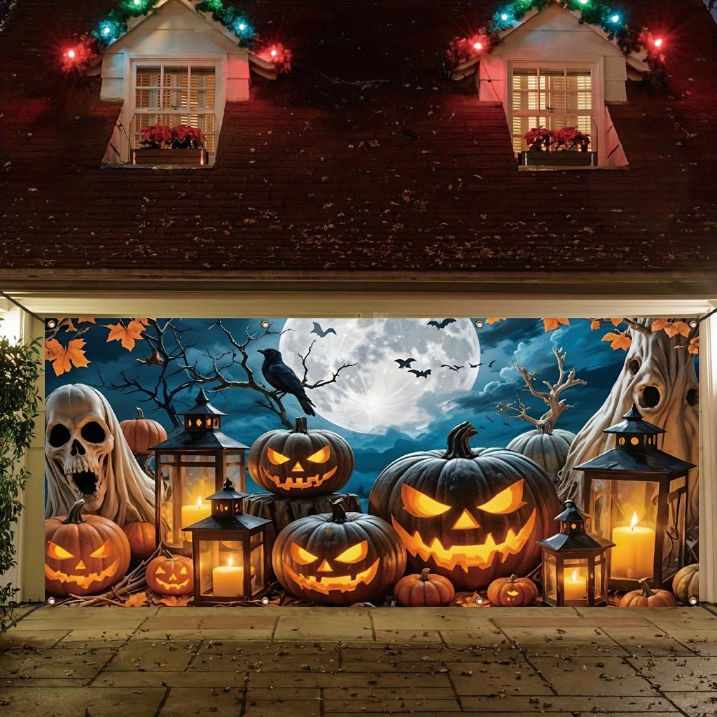1 Piece of Strange Halloween Garage Banner - a Skull Hidden Within a Pumpkin Lantern, Made of Durable Polyester Fiber