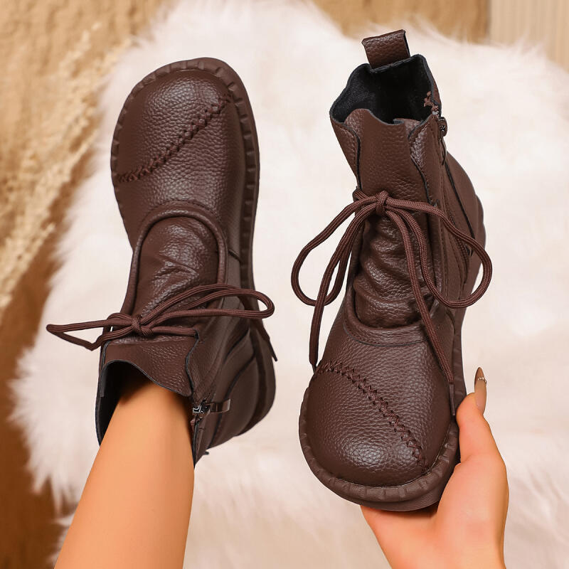 Fashion Retro Side Zip Brown Ankle Boots Women 2025 Winter Vintage Soft Sole Black Boots Comfort Light Weight Non Slip Mom's Shoes