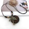 Vintage Boho Sweater Chain Leather Chain Long Wooden Pendant Necklace Handmade Hollow Leaves Clothing Pendant for Women Men