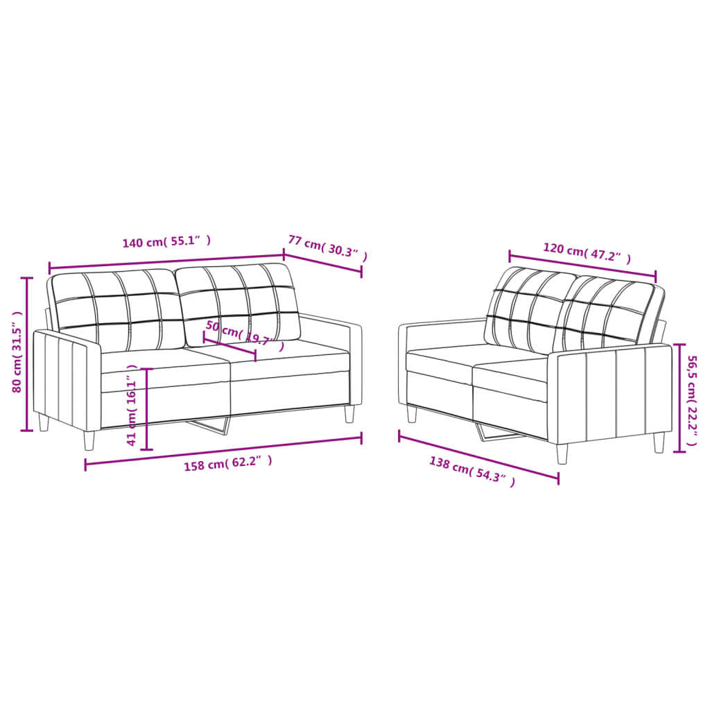 2 Piece Cream Fabric Sofa Set with Cushions