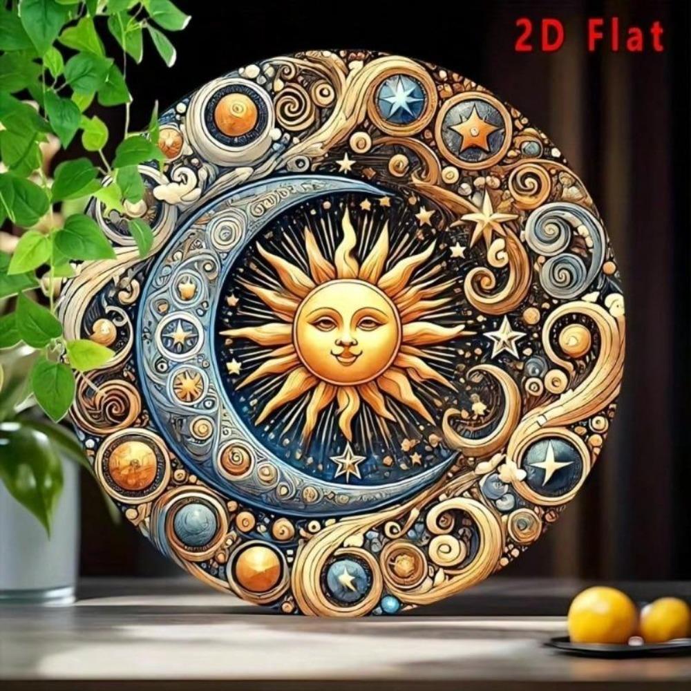Sun Moon 2D Flat Wall Art 8x8 Inches Round Aluminum Metal Decor