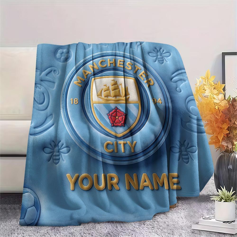 Custom Name Manchester City Flannel Blanket, High quality Comfortable for All Seasons, Home Decor, Warmth and Comfort