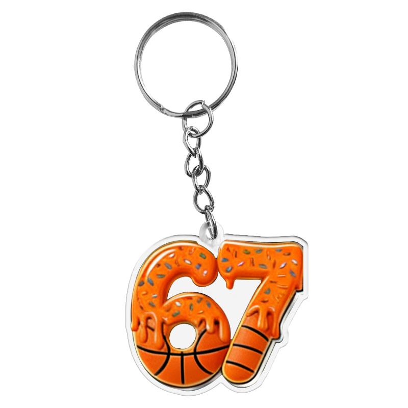 2D Flat Acrylic Keychain Cute Blue Icing Donut 67 Badminton Pattern Non-Fading Key Decor for Backpack Pendant