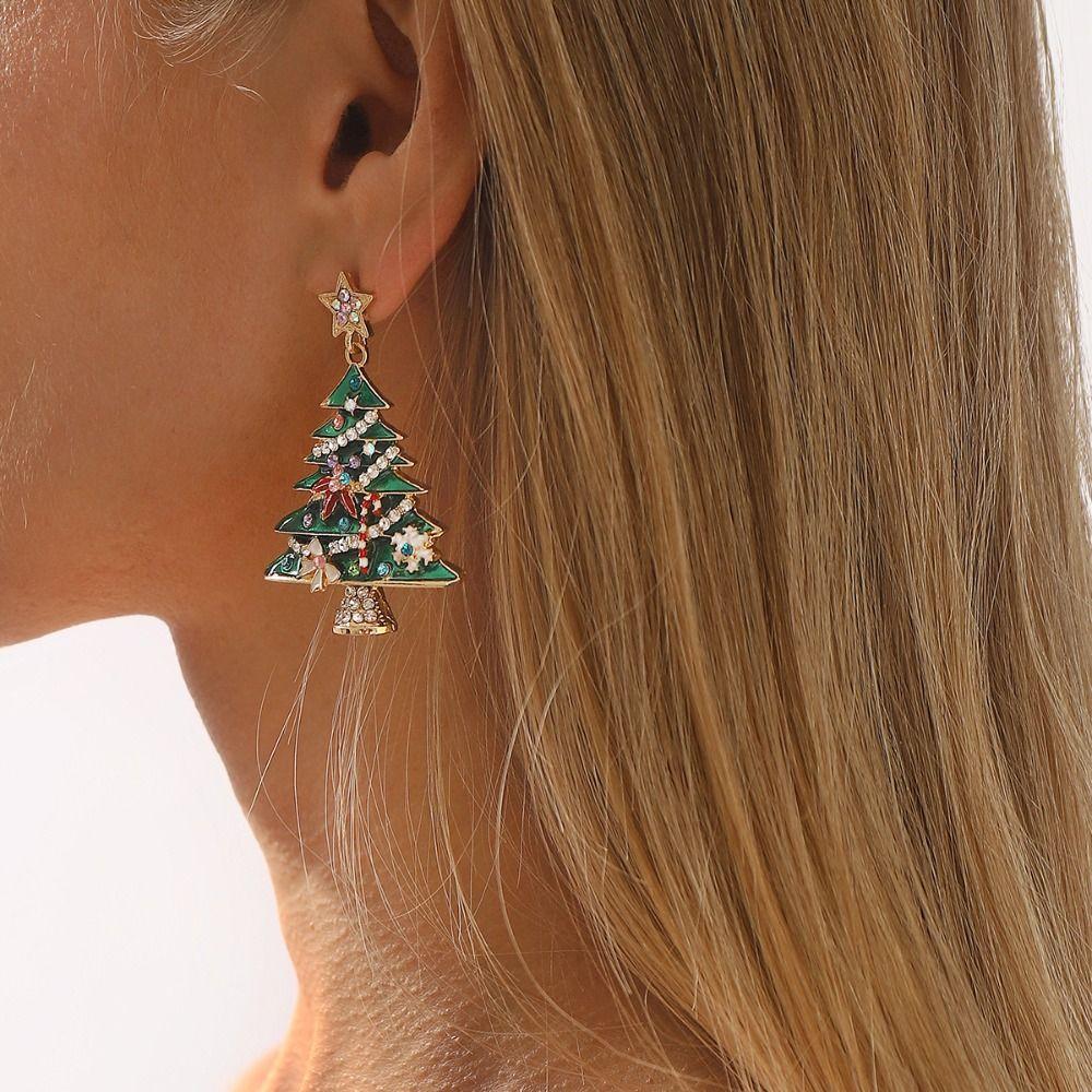 Dripping Oil Xmas Earrings Studs Rhinestone New Year Dangle Earrings Christmas Tree Earrings  Gift