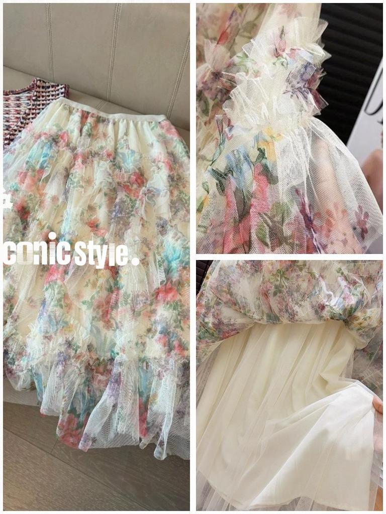 Dopamine Mood Floral Mesh Skirt: Romantic French-Style, Elegant Layered Design
