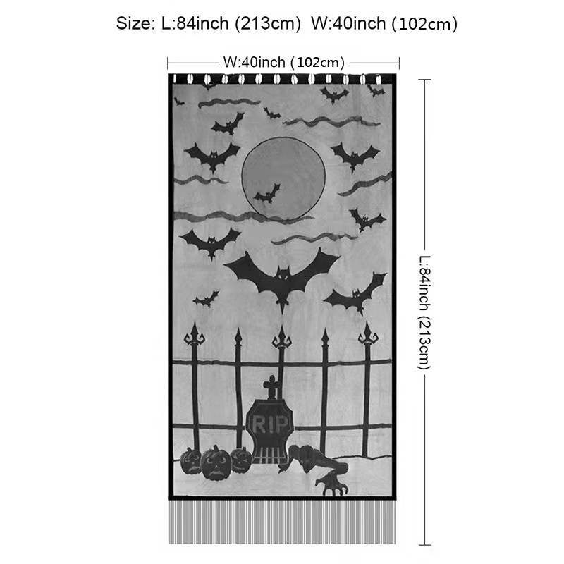 Haunted House Spider Web Curtains Bat Motif Black Lace Gothic Door Window Panel Scary Halloween Seasonal Decoration Drapery