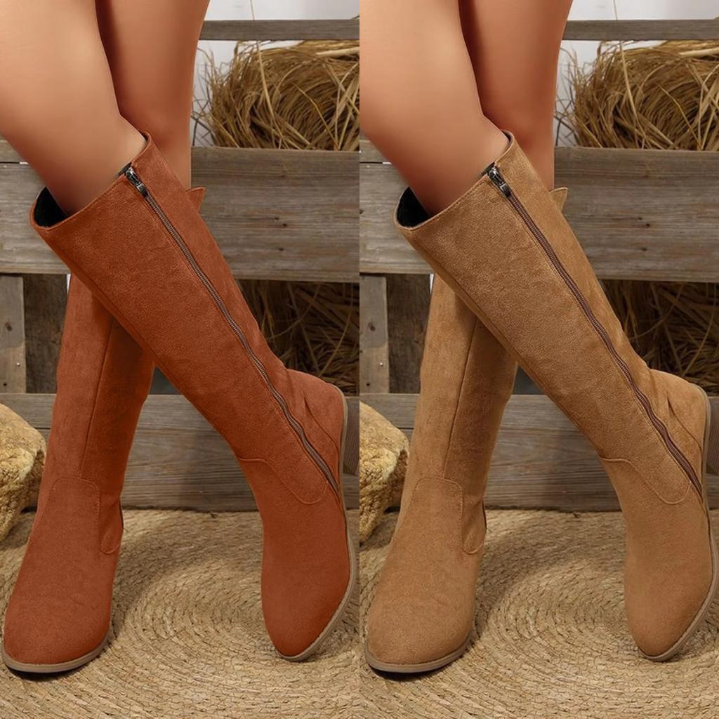 Womens Knee High Boots Pointed Toe Suede Boots Chunky Heel Faux Slouchy Shoes Tall Fall Side Zipper