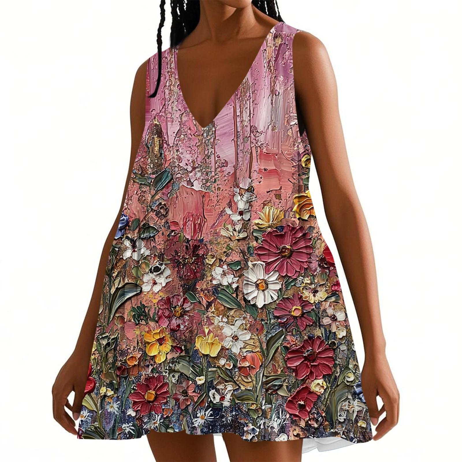 

Женское весенне-летнее повседневное платье без рукавов с V-образным вырезом и цветочным принтом XL розовый